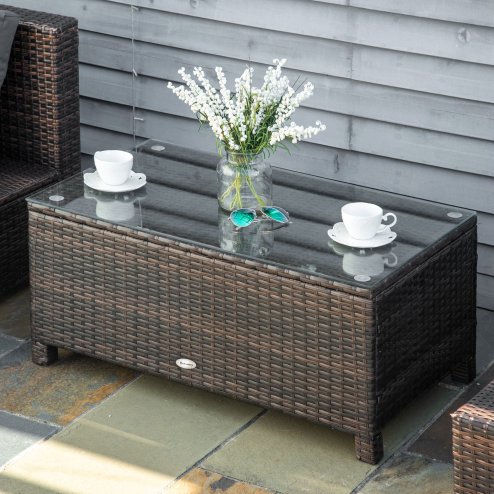 Outsunny PE Rattan Coffee Table, Rectangular Outdoor Coffee Table with Tempered Glass Top, 70 KG Capacity for Garden, Balcony, Terrace, Patio, Mixed Brown Image