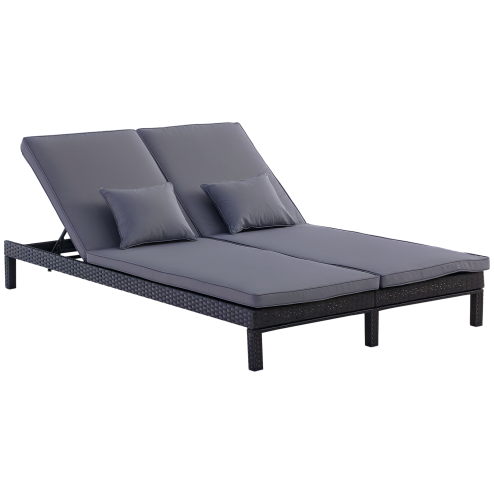 Outsunny Double Rattan Sun Lounger, Garden Daybed with 5-Level Adjustable Backrest, Outdoor Lounge Sunbed with Cushion and Pillows, 2 Seater Wicker Patio Furniture, Black
