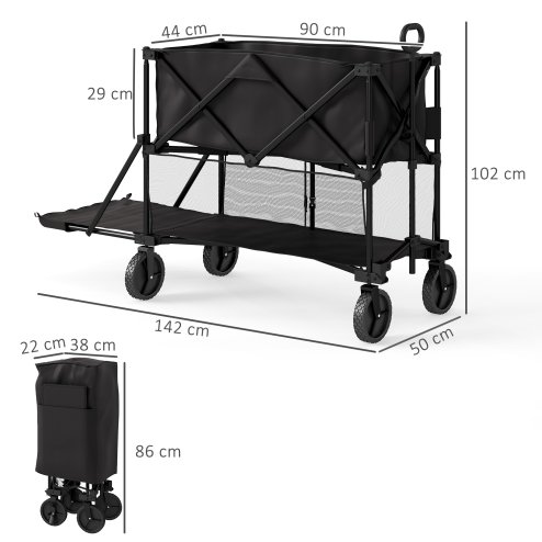 Outsunny Double Decker Folding Trolley on Wheels, 200KG & 350L Capacity Collapsible Wagon Festival Trolley Cart with 134cm Extended for Camping Sports Shopping Garden and Beach, Black