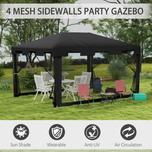 Outsunny 4 m x 3 m Gazebo with Sides, Outdoor Party Tent, Sun Shade Canopy with Mesh Sidewalls, Dark Grey