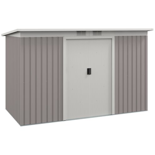 Outsunny 9ft x 4ft Metal Garden Shed, Outdoor Tool House with Foundation Kit, Ventilations and Double Doors, Light Grey