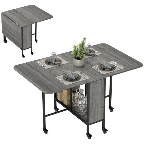 HOMCOM Mobile Drop Leaf Table, Folding Dining Table with 6 Wheels & Storage Shelf for Small Spaces, Kitchen, Dining Room
