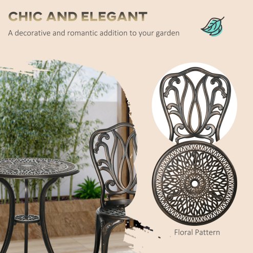 Outsunny 3 Piece Garden Bistro Set, Cast Aluminium Outdoor Furniture Set with Umbrella Hole for Balcony, Porch, Patio, Bronze Tone