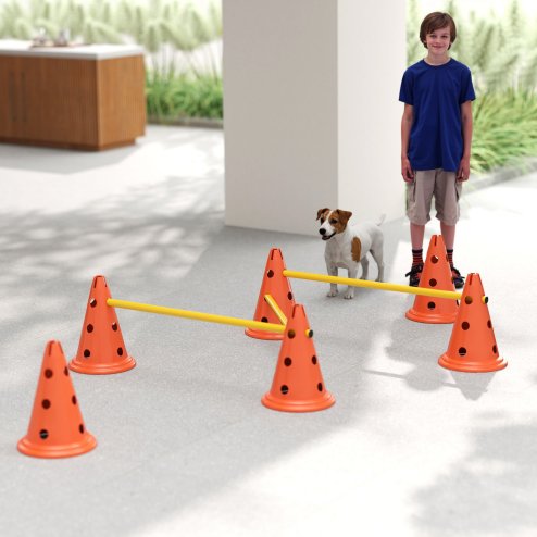 PawHut Dog Agility Set, Portable Pet Jump Training Equipment Kit for Six Cones, Six Poles with Carry Bag, Three-Piece Adjustable Height Jumping Obstacles, Orange