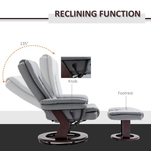 HOMCOM Recliner Chair With footstool, Recliner Armchair up to 130kg Weight Capacity, 135 Reclining Swivel Sofa Chair, PU Leather Ergonomic Couch Bed with Swivel Wood Base for Living Room, Grey