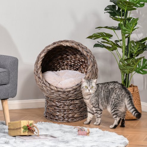 PawHut Wicker Cat House, Raised Cat Bed with Cylindrical Base, Soft Washable Cushion, Woven Water Hyacinth Cat Basket for Indoor and Outdoor, 42 x 33 x 52 cm - Dark Brown