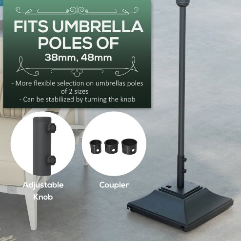 Outsunny Square Parasol Base with Wheels, 45kg Water or 60kg Sand Filled, Heavy Duty HDPE Umbrella Stand with Double Adjustable Knob, Fillable Parasol Stand for 38mm and 48mm Poles, Black