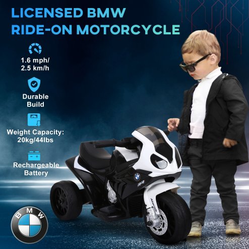 HOMCOM BMW S1000RR Licensed 6V Kids Electric Motorbike 3 Wheel Ride on Motorcycle w/ Headlights Music for 18-36 Months Black