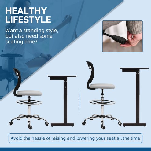 Vinsetto Drafting Chair, Swivel Office Draughtsman Chair, Mesh Standing Desk Chair with Adjustable Foot Ring, Armless, Light Grey