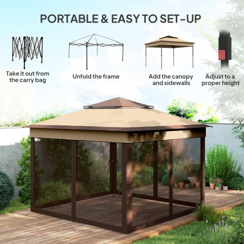 Outsunny 3 x 3(m) Pop Up Gazebo with Netting and Carrying Bag, Party Tent Instant Event Shelter, Height Adjustable and UV-Resistant, for Garden, Patio, Beige