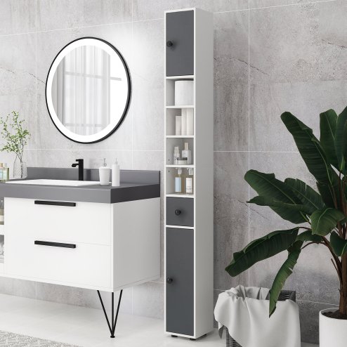 kleankin 180cm Tall Bathroom Cabinet, Slim Bathroom Storage Cabinet with 4 Open Shelves, 2 Door Cupboards and Adjustable Shelves