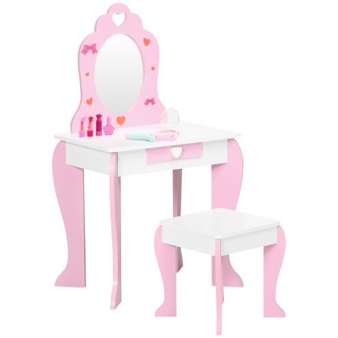 ZONEKIZ Kids Dressing Table with Mirror and Stool, Vanity Set w/ Love Heart and Bow Design, Girl Makeup Desk w/ Drawer, for Ages 3-6 Years - Pink Image