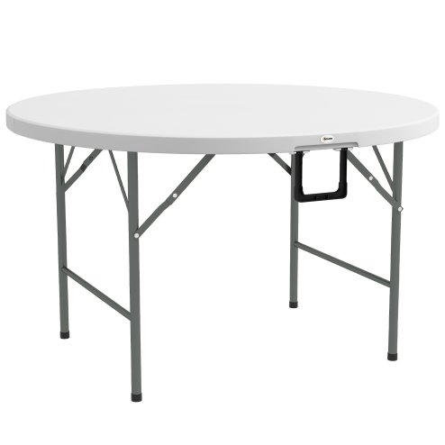 Outsunny Folding Garden Table, 122 cm Round HDPE Outdoor Picnic Table for 6, Metal Frame for Patio, Park, White