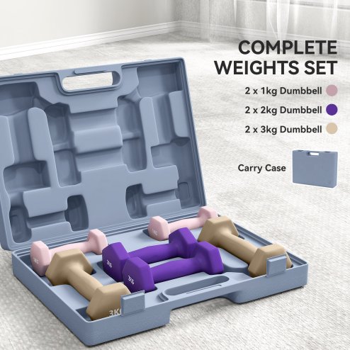 SPORTNOW 12kg Hex Dumbbells Set of 6, Hand Weights with Carry Case for Home Gym Strength Training, 2 x 1kg, 2 x 2kg, 2 x 3kg