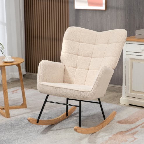 HOMCOM Wingback Rocking Chair with Wooden Base, Fleece Glider Rocker for Nursing, Modern Armchair - Beige Image