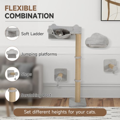 PawHut Cat Shelves, 4 Piece Cat Wall Furniture with Scratching Post, Steps, Jumping Platform, Ladder, Toy Balls, for Indoor Kittens, Light Grey