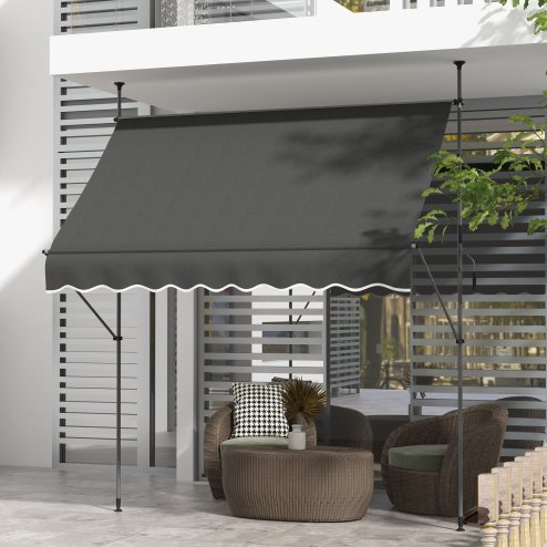 Outsunny 2.5 x 1.2m Free Standing Retractable Awning, Non-Screw Patio Sun Shade Shelter with Support Pole Stand and UV Resistant Fabric, for Window, Door, Porch, Deck, Dark Grey