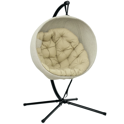 Outsunny Hanging Egg Chair Outdoor Indoor Garden Swing Chair with Folding Basket, Garden Hanging Chair with Stand, Thickened Cushion, Cup Holder for Patio, Balcony, Khaki Image