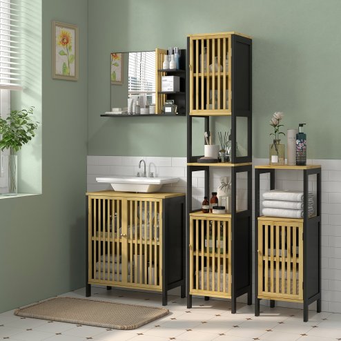 HOMCOM Modern Bathroom Mirror with Shelf, Wall-mounted Vanity Mirror with 4 Storage Shelves and Bamboo Panel for Make Up