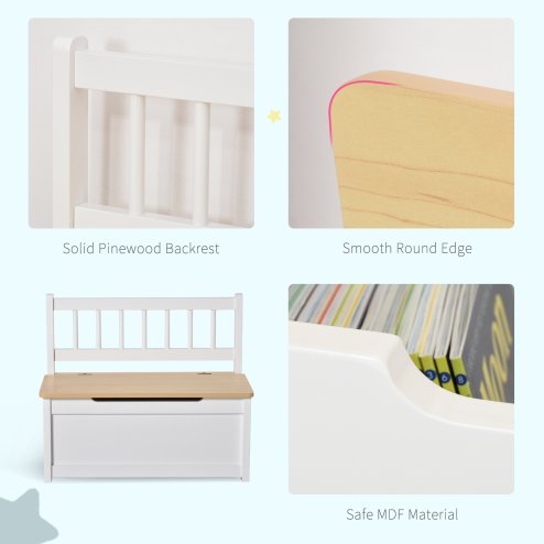 HOMCOM 2 In 1 Wooden Toy Box, Kids Seat Bench Storage Chest Cabinet Organiser w/ Safety Pneumatic Rod, 60 x 30 x 50cm - White