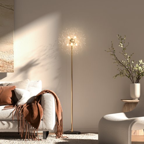HOMCOM Floor Lamp, Crystal Fireworks Standing Lamp, Metal Golden Pole Tree Lighting with Foot Switch, 8 Lights, G9 Bulb Base, for Living Room, Bedroom