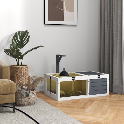 PawHut Tortoise House, Wooden Tortoise Table, Tortoise Enclosure with Wooden Lamp Holder, Openable Lids, Pull-Out Trays - Grey Image