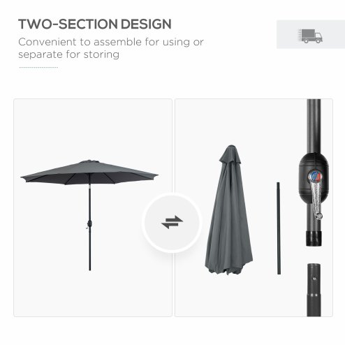 Outsunny 3(m) Garden Parasol Umbrellas, Outdoor Sun Shade with 8 Ribs, Tilt and Crank Handle for Balcony, Bench, Garden, Dark Grey