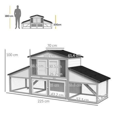 PawHut Large Rabbit Hutch with Run, Outdoor Bunny Cage with Tray, Ramp, Wooden Guinea Pig House, Light Grey