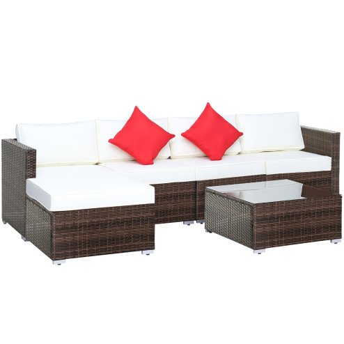 Outsunny 6 Pieces Rattan Garden Furniture Set, 5 Seater Sectional Garden Corner Sofa Set with Glass Top Coffee Table, Cushions and Pillows, All-Weather Wicker Conversation Furniture, Cream White