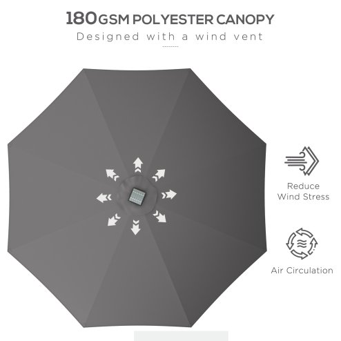 Outsunny 2.65m Garden Parasol with Lights, Solar Charged Warm Yellow LED Patio Umbrella with Crank Handle, for Balcony, Outdoor and Lawn, Charcoal Grey