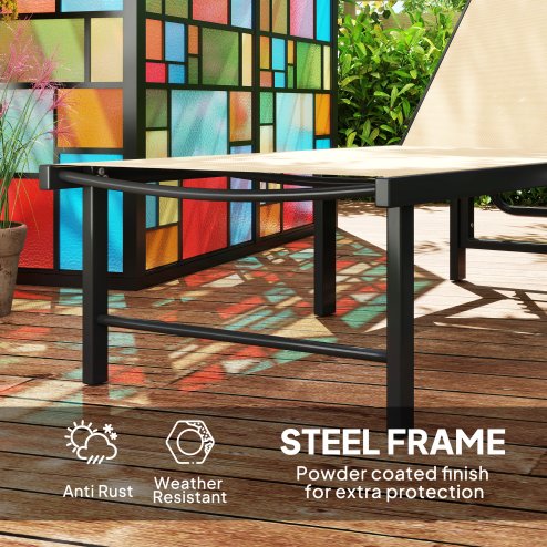Outsunny Sun Loungers for Garden Set of 2, 5-Level Adjustable Reclining Sun Lounger Chairs, Flat Garden Lounger Sunbed with Texteline Seat, Steel Frame for Patio, Beach, Khaki