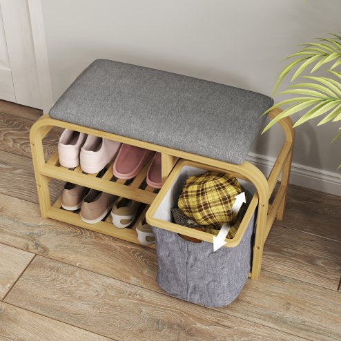 HOMCOM Bamboo Shoe Bench with Cushion, Shoe Rack Bench with 2 Slatted Shelves and Pull-Out Fabric Basket for Hallway, Entryway, Living Room, Nature Wood Finish