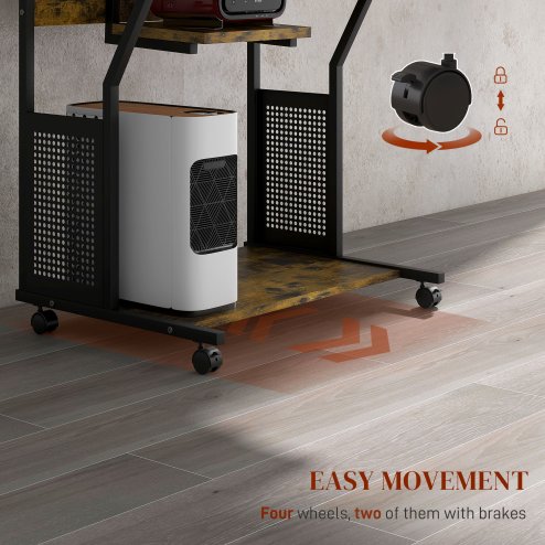 HOMCOM Mobile Computer Desk with Keyboard Tray, Rolling Study Table with Storage Shelves and Wheels, Industrial Writing Desk for Home Office, 80 x 50 x 130cm, Rustic Brown