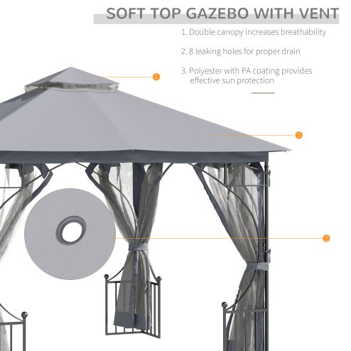 Outsunny 3 x 3m Garden Gazebo Patio Party Tent Shelter Outdoor Canopy Double Tier Sun Shade with Metal Frame and Netting, Light Grey