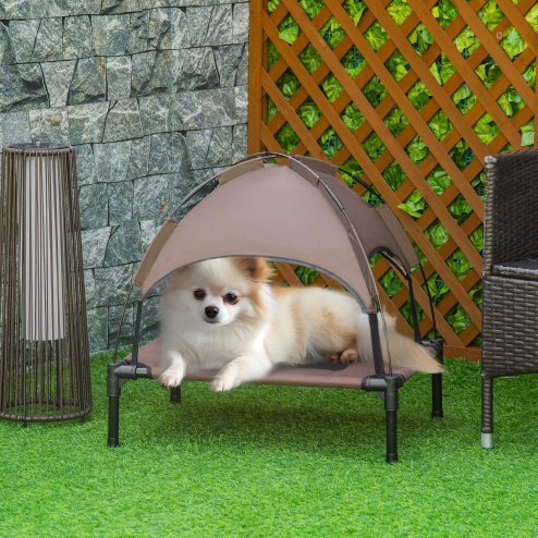 PawHut Raised Dog Bed Waterproof Elevated Pet Cot with Breathable Mesh UV Protection Canopy Brown, for Small Dogs, 61 x 46 x 62cm Image