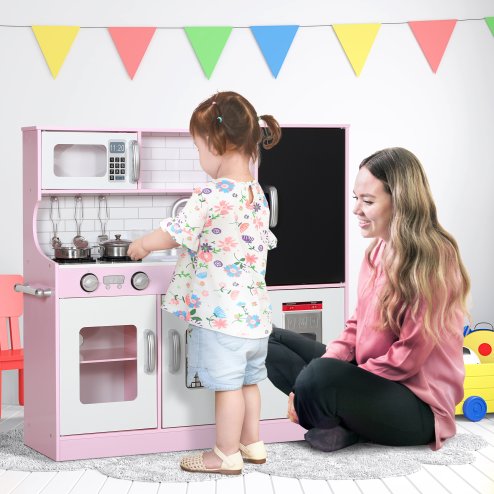AIYAPLAY Play Kitchen, Kids Kitchen Playset Toy with Chalkboard, Toy Phone, Microwave, Ice Maker, Cooking Stoves, Sink, for Boys Girls Ages 3-8 Years, Pink