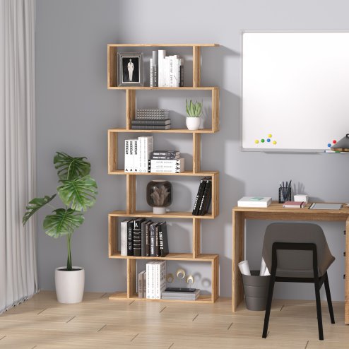 HOMCOM Bookcase, 6 Tier Shelf S Shaped Bookshelf, Storage Unit, Display Shelf for Living Room, Bedroom, Home Office, Plant