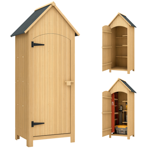 Outsunny Small Shed, Wooden Garden Storage Shed with 3 Shelves, Outdoor Tool Storage Cabinet with Tilt Roof and Lockable Door, 77.5 x 54.2 x 179.5 cm, Natural