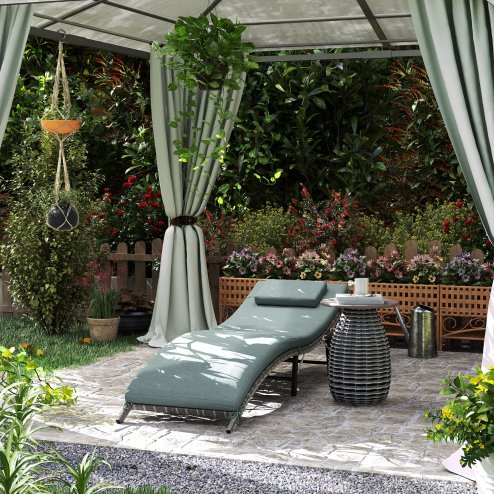 Outsunny Folding Rattan Sun Lounger, Wicker Garden Lounger with Cushion and Pillow, Outdoor Sunbed with Steel Frame for Patio, Beach, Terrace, Mixed Grey