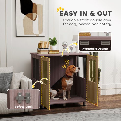 PawHut Dog Crate Furniture End Table, Pet Kennel for Small and Medium Dogs with Magnetic Door Indoor Animal Cage, Purple, 85 x 55 x 75 cm