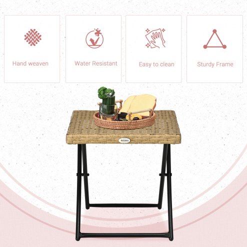 Outsunny Folding Rattan Garden Coffee Table, Small Square Outdoor Bistro Side Table with Rattan Top for Patio, Balcony, Porch, 40 x 40 x 40 cm, Natural