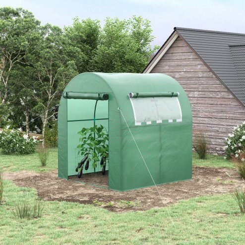 Outsunny Walk in Polytunnel Greenhouse, Tomato Greenhouse with Roll-up Window and Door, PE Cover, Steel Frame for Garden, 1.8 x 1.8 x 2 m, Green