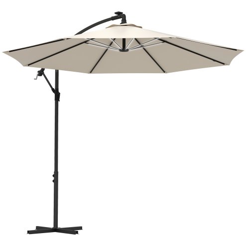 Outsunny 3(m) Banana Cantilever Parasol with Solar LED Lights, Garden Umbrella with Cross Base and Crank Handle, Hanging Offset Sun Shade for Outdoor, Patio, Beige