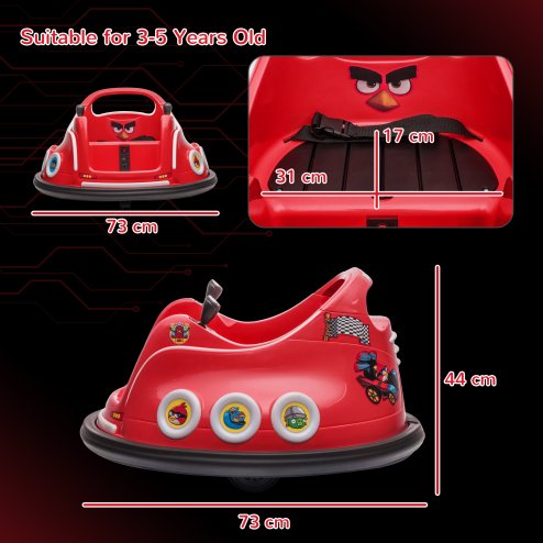 AIYAPLAY Angry Bird Licensed 12V Kids Bumper Car, 360 Rotation Waltzer Car with Joysticks, Remote Control, Music USB LED Lights, for 3-5 Years Old - Red
