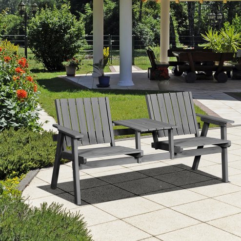 Outsunny 2-Seater Wooden Garden Bench, Antique Loveseat Chair with Table & Parasol Hole, Outdoor Bench for Porch, Patio, Grey