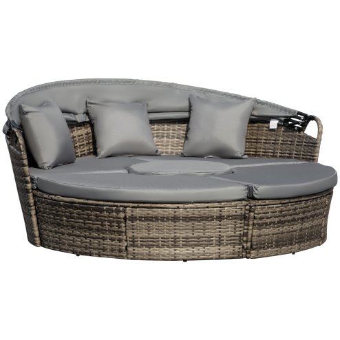 Outsunny Outdoor PE Rattan Garden Furniture with Cushioned, Patio Wicker Conversation Furniture Set, Round Daybed with Retractable Canopy, Coffee Table and Three Pillows, Dark Grey Image