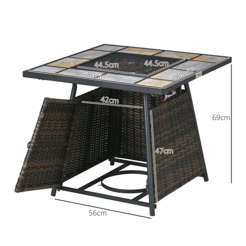 Outsunny Outdoor PE Rattan Gas Fire Pit Table, Square Gas Burner Patio Heater with Fire Control Panel, Slate Desktop, Lid and Lava Rocks, 50,000 BTU, Brown