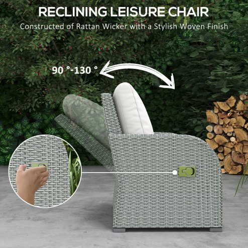 Outsunny Rattan Garden Furniture 7 Seater Sofa & Coffee Table Footstool Set Outdoor Patio Wicker Weave Reclining Chair Space-saving - Light Grey