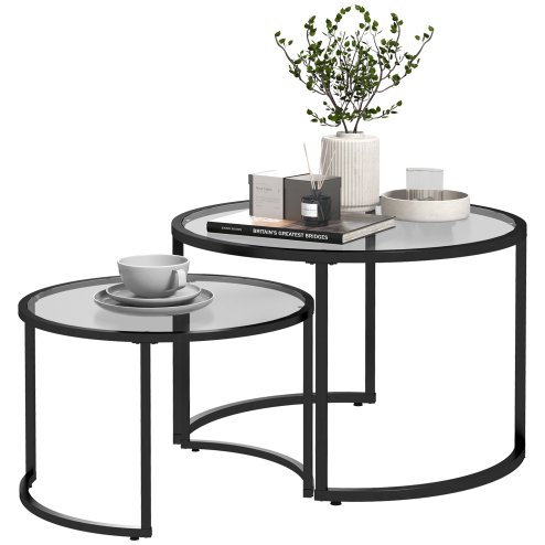 HOMCOM Coffee Table Set of 2, Modern Nest of Tables with Tempered Glass Top, Steel Frame for Living Room, Black