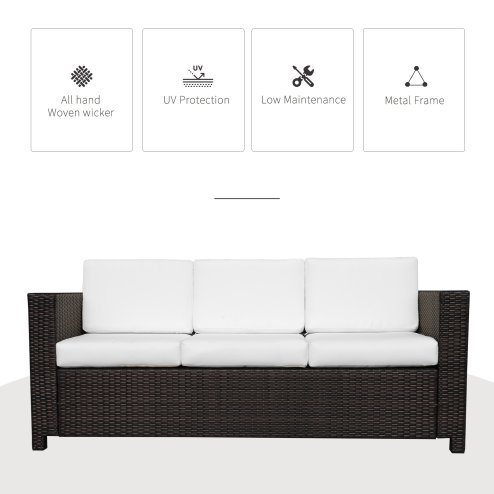 Outsunny 3 Seater Rattan Sofa with 10 cm Thick Padded Cushion, All-Weather PE Wicker Weave Garden Three-seater Bench with Armrests, Brown